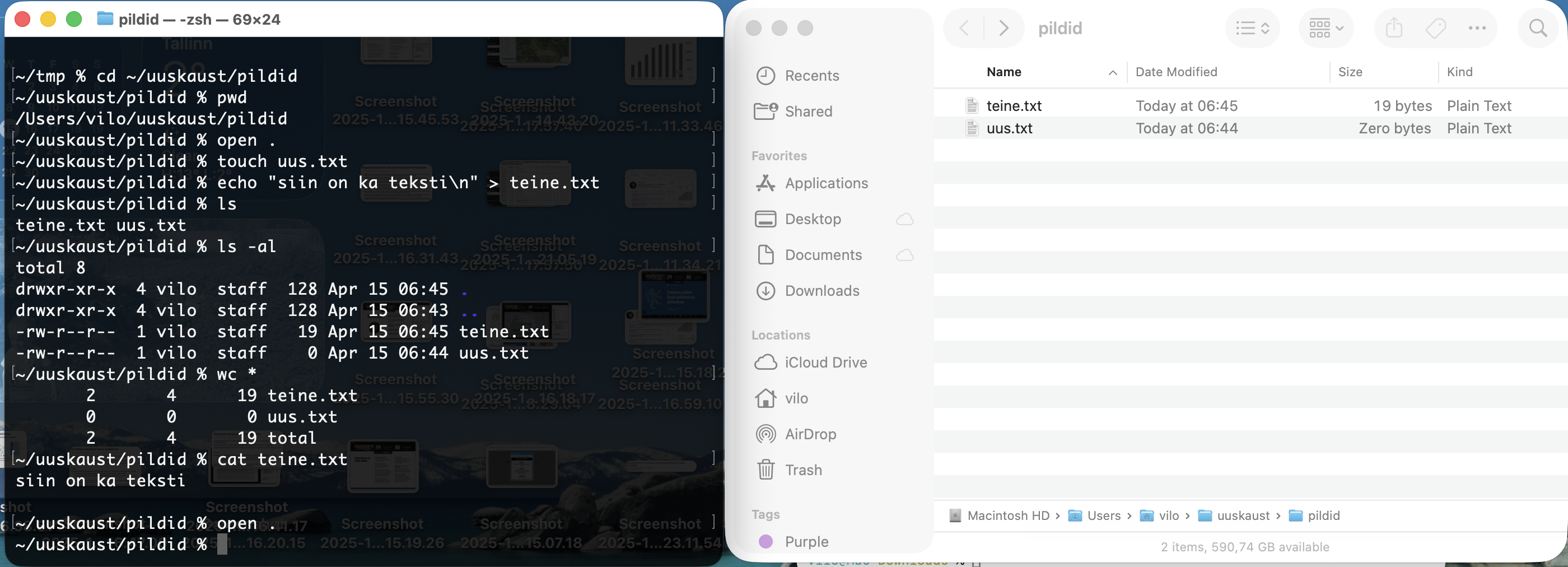 Finder ja Terminal sama kausta peal: Terminalis liigutakse kausta, avatakse sama koht käsuga `open .`, luuakse tühi fail `uus.txt`, kirjutatakse faili `teine.txt` üks rida ja võrreldakse siis tulemust nii Finderis kui ka terminalis.